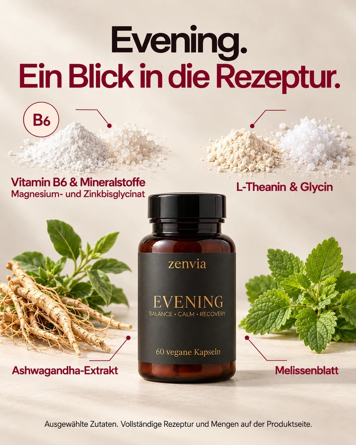 Illustrative Evening-Zutatengrafik; vollständige Rezeptur und Mengen stehen auf dieser Seite.