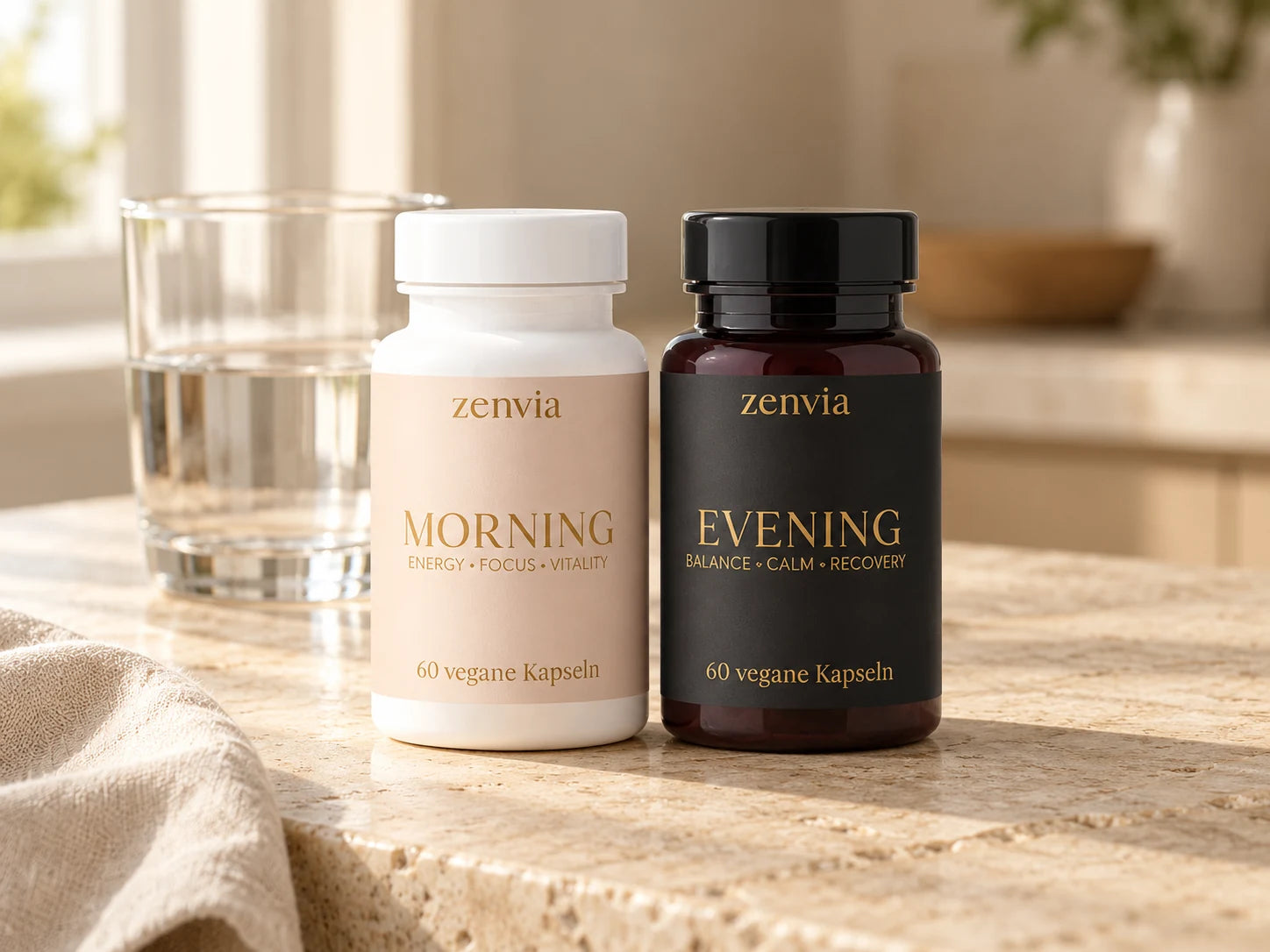Zenvia Morning und Evening neben einem Wasserglas