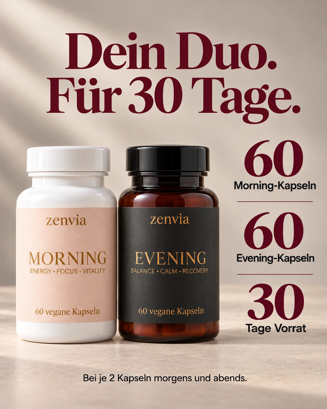 60 Morning- und 60 Evening-Kapseln für 30 Tage bei je 2 Kapseln morgens und abends.