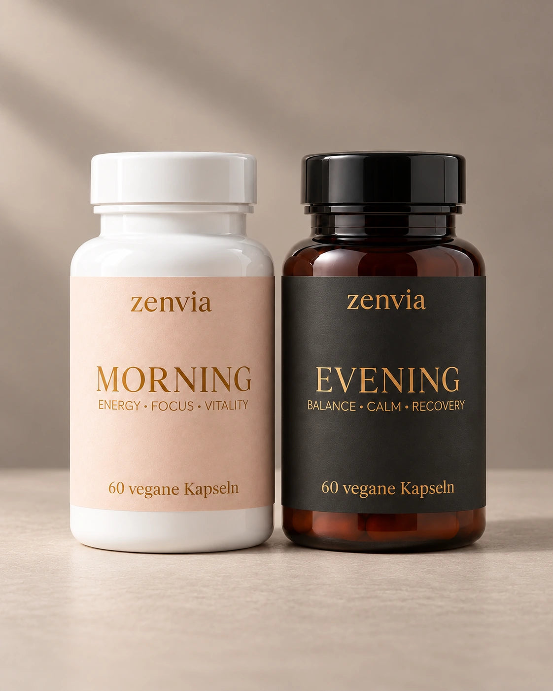 Morning und Evening: ein Duo mit je 60 veganen Kapseln.